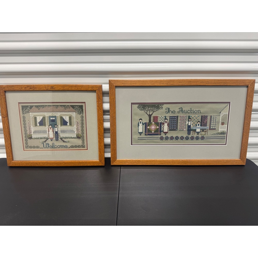 Vintage Amish Folk Art Framed Cross Stitch Set Welcome & The Auction Quilt Theme